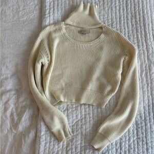 Cream Ribbed Knit Cropped Sweater